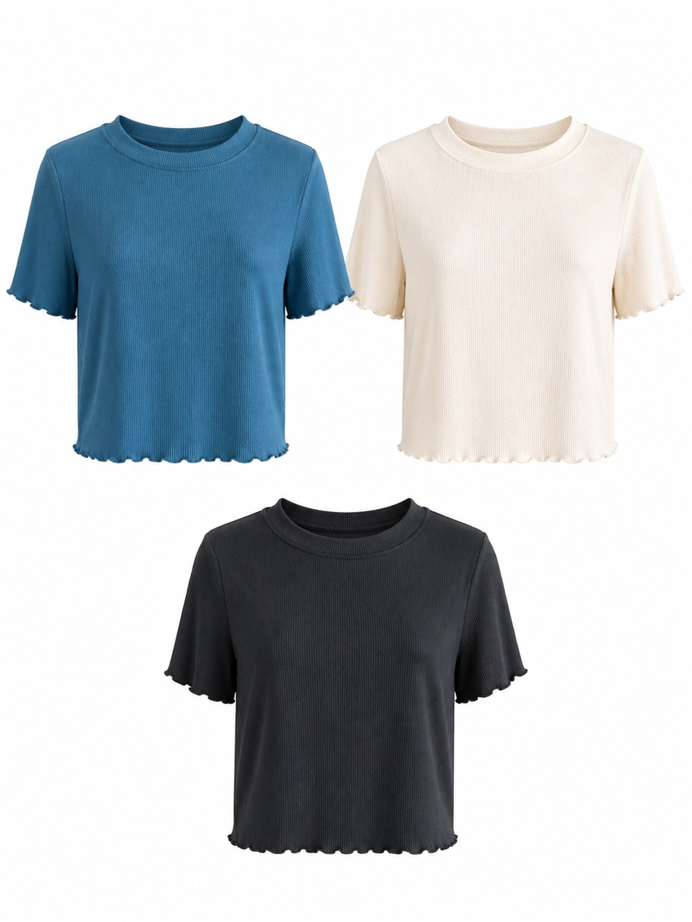 3-Pack Ribbed Crop Tee Bundle M Blue, White, Black Lettuce Hem Soft Stretch Tops